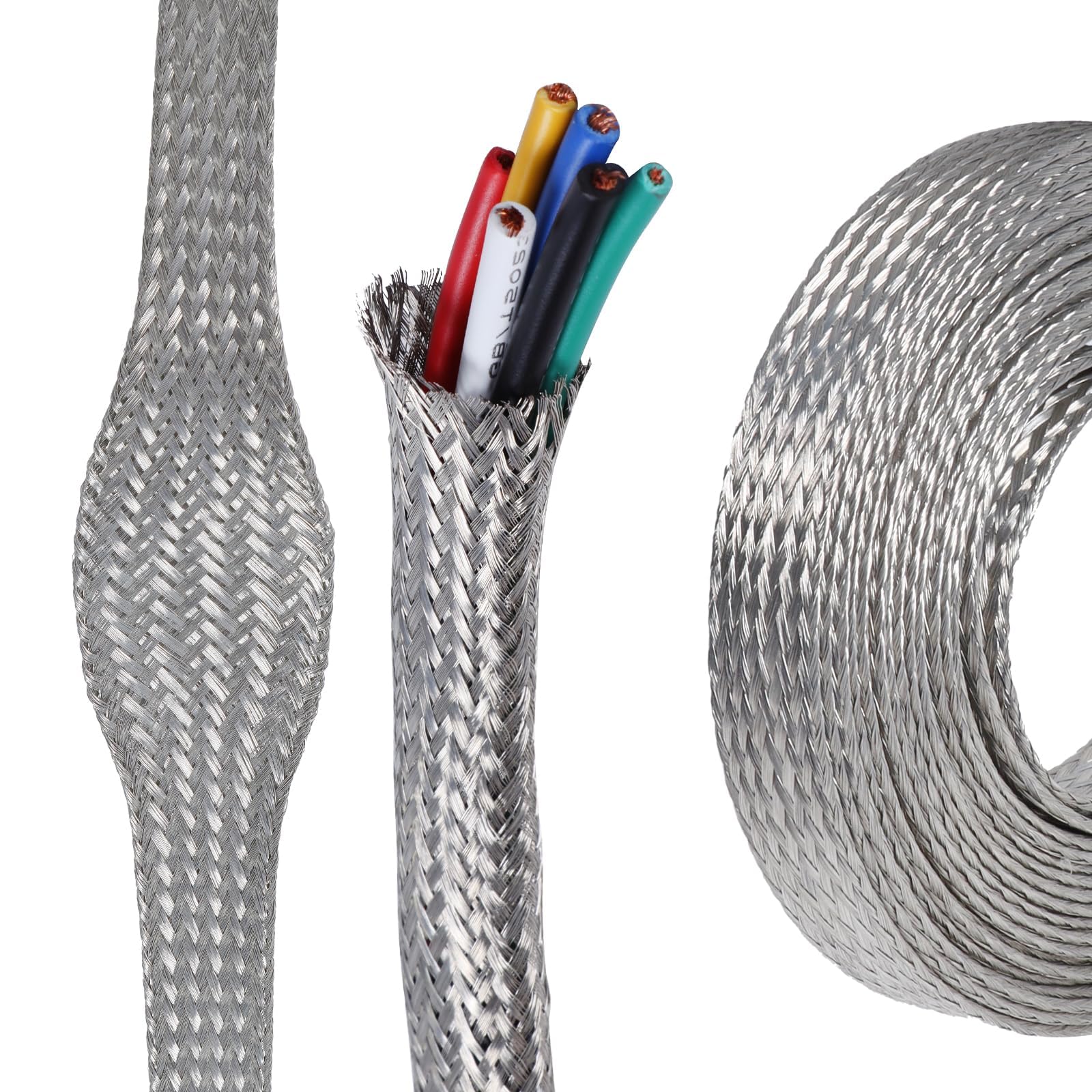 SUNNAREPOON Tinned Copper Wire Shielding Sleeve, 1/4inch - 12ft Expandable Ground Strap, Silver Metal Braided Wiring Protector